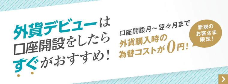 外貨デビューは口座開設をしたらすぐがおすすめ！　新規のお客さま限定！口座開設月～翌々月まで外貨購入時の為替コストが0円！