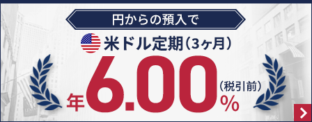 円からの預入で米ドル定期期間3ヶ月が6.00％（税引前）