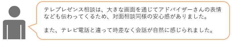 テレプレゼンス相談は、大きな画面を通じてアドバイザーさんの表情なども伝わってくるため、対面相談同様の安心感がありましたまた、テレビ電話と違って時差なく会話が自然に感じられました。