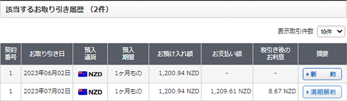 為替リンク預金　取引履歴の画面