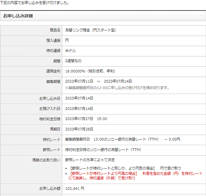 為替リンク預金（円スタート型）　お申し込み詳細の画面