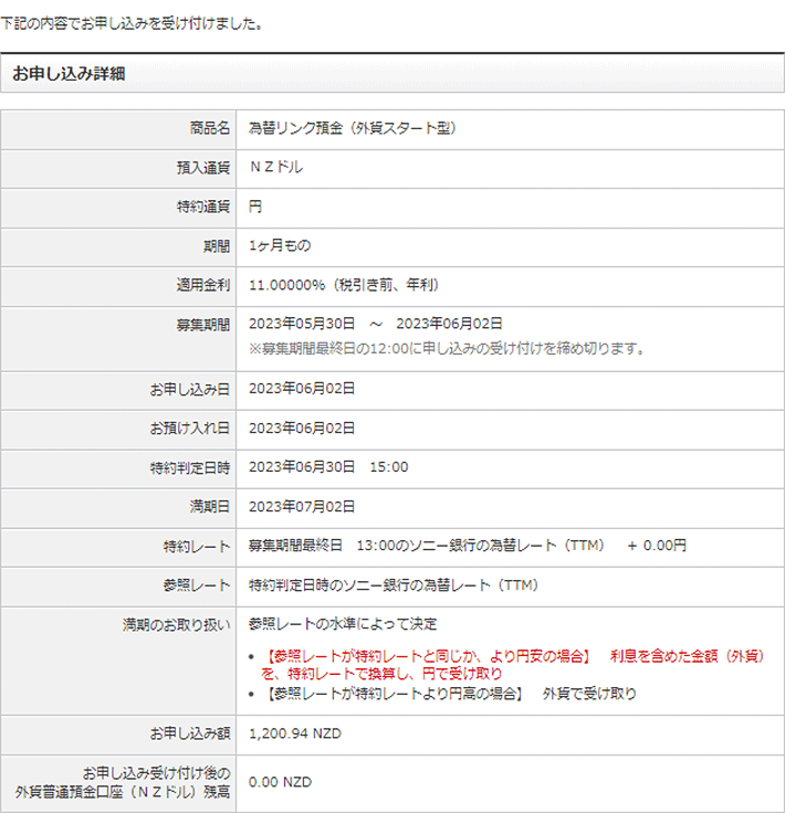 申し込み受付完了の画面