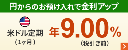 円からの預け入れで米ドル定期期間1か月が年9％（税引き前）