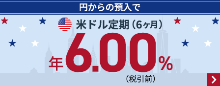 円からの預入で米ドル定期期間6ヶ月が6.00％（税引前）