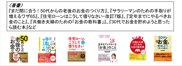著書 まだ間に合う!50代からの老後のお金のつくり方、サラリーマンのための手取りが増えるワザ65、住宅ローンはこうして借りなさい・改訂7版、定年までにやるべきお金のこと、共働き夫婦のための「お金の教科書」、30代でお金を貯めようと思ったら読む本 など
